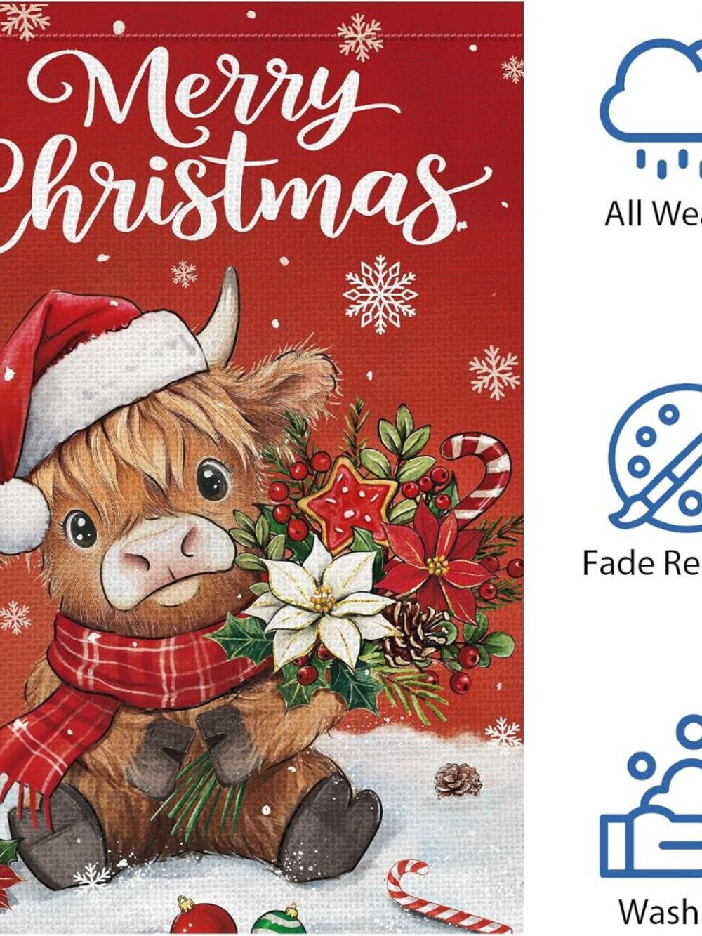 Merry Christmas Highland Cow Garden Flag 12x18 Inch Double Sided Burlap, Winter - Picture 5 of 7